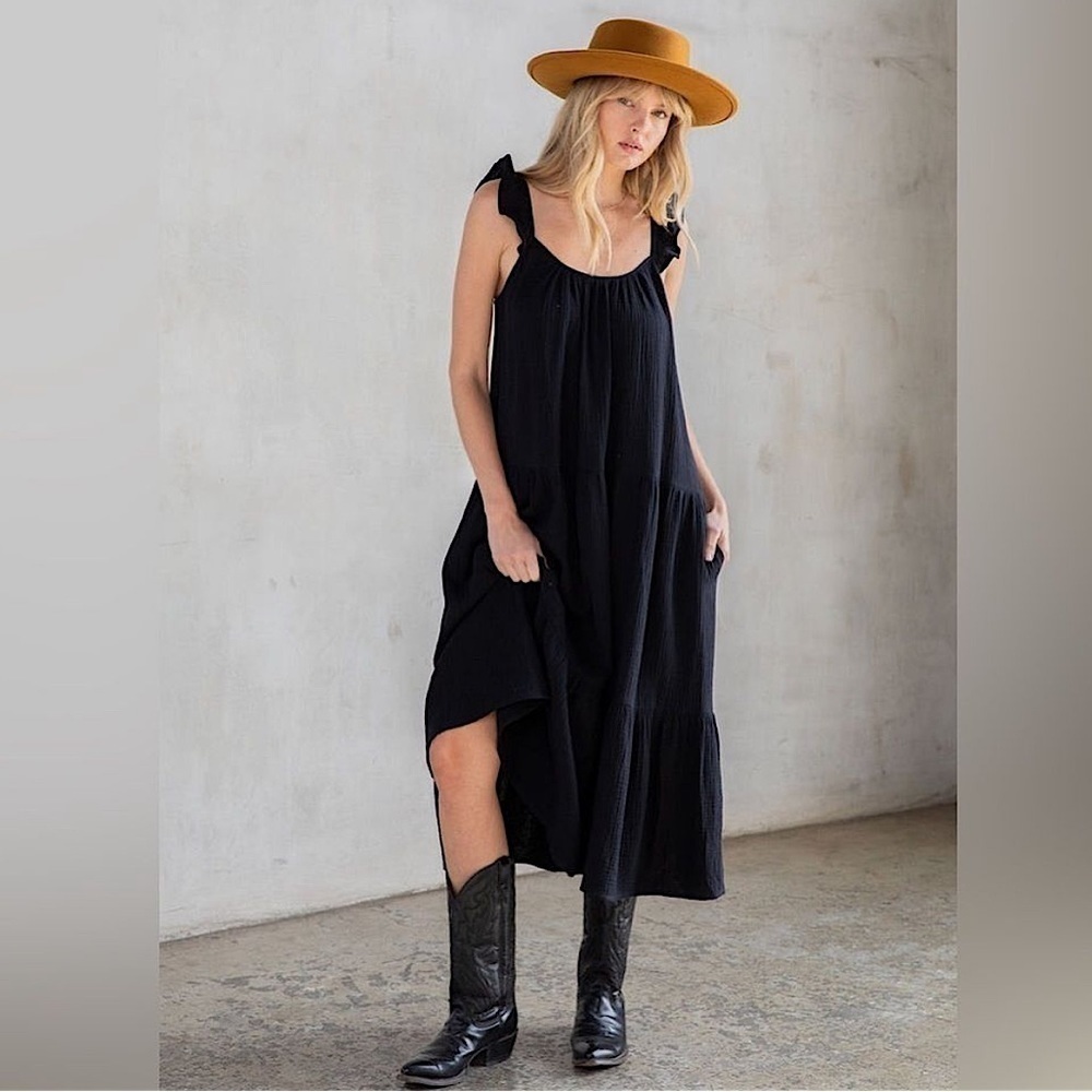 Xirena Rumer Scoop Neck Flutter Sleeve Gauze Tiered Midi Dress Black‎ XL